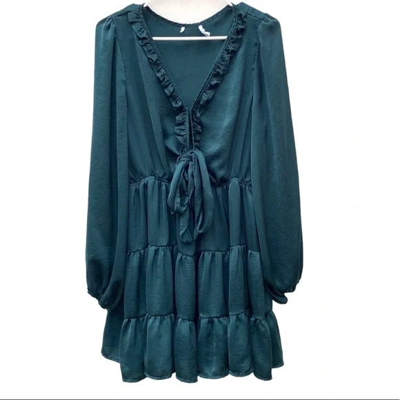 Princess Polly Teal size 10 Randi Satin Tie Front Tiered Fit & Flare Mini Dress - Picture 3 of 9